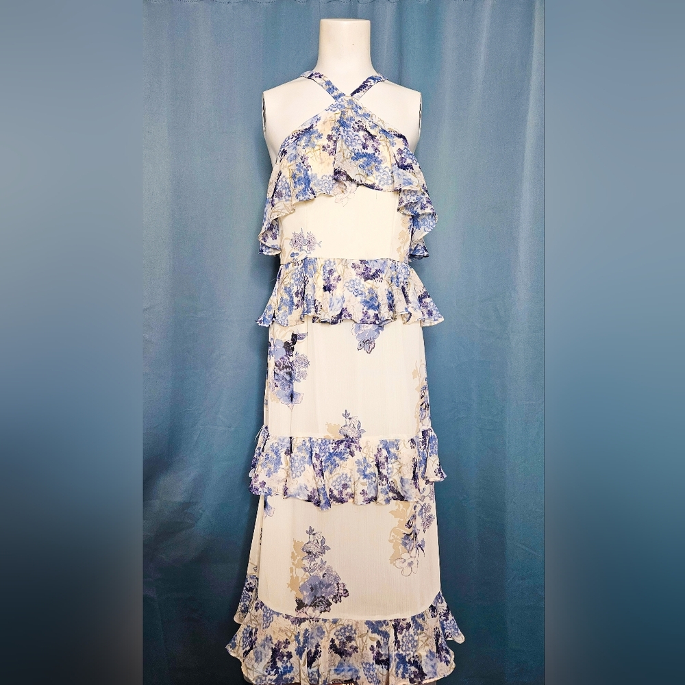 Gianni Bini Blue & White Floral Ruffle Tiered Halter Lined Formal Dress Size 6